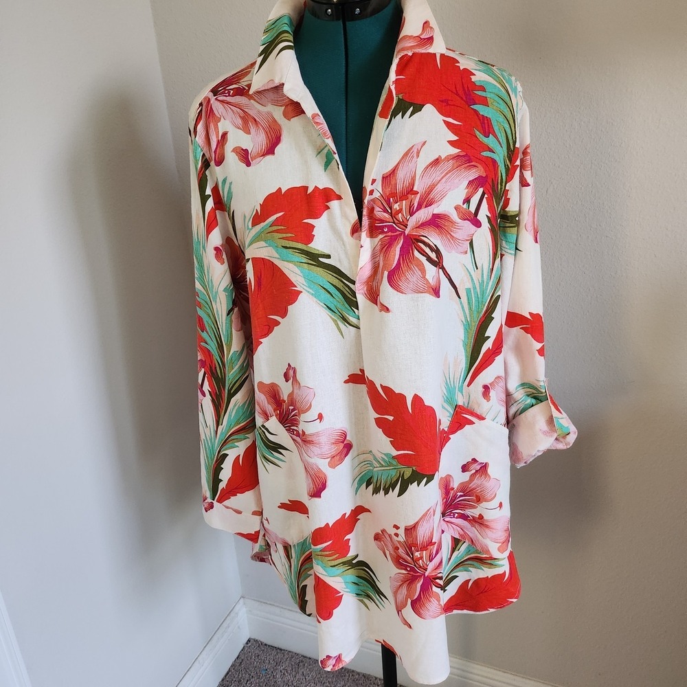 For Cynthia Womens Linen Blend Tunic Top Bright Floral Oversized Pockets Size XL
